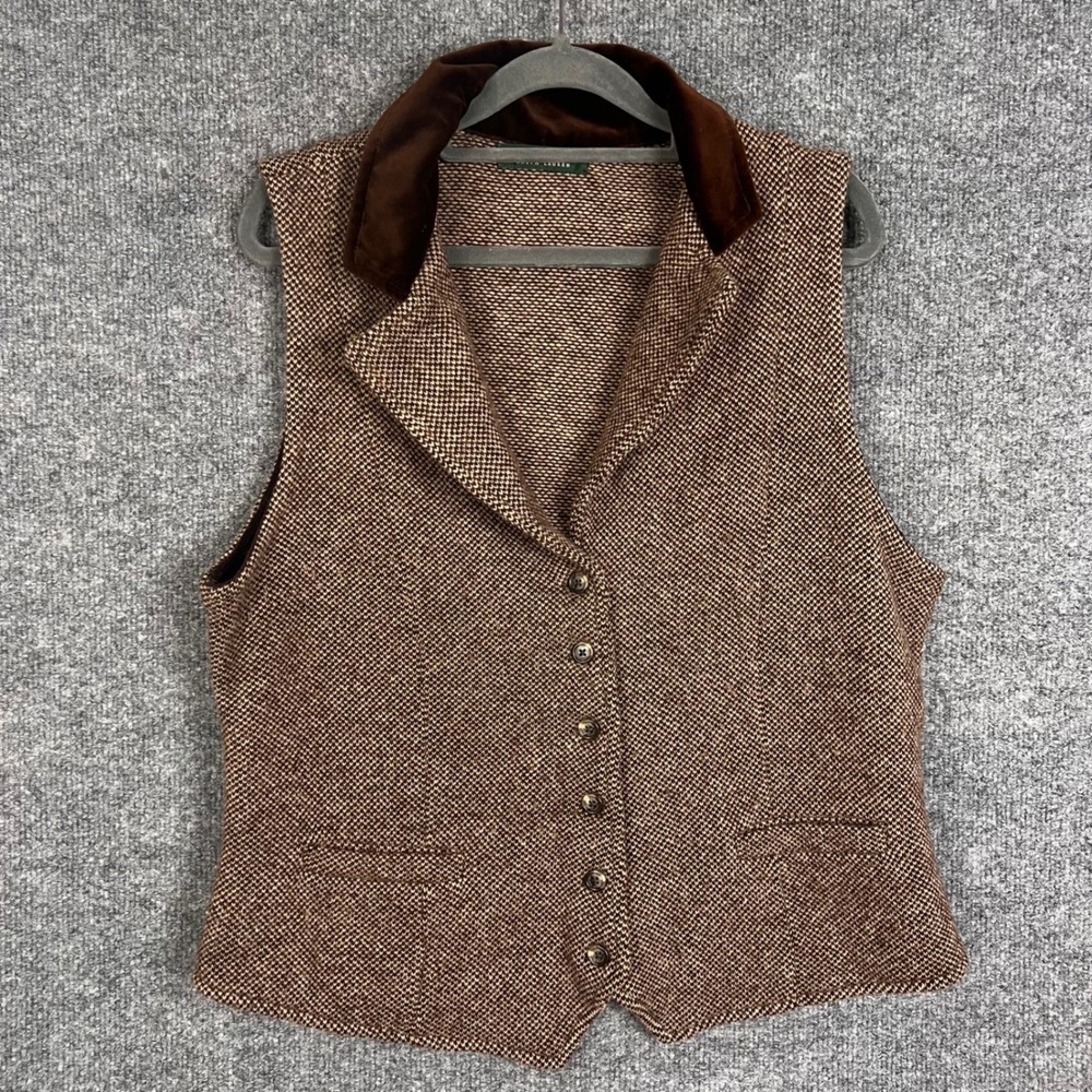 Lauren Ralph Lauren Vest Womens Large Brown Excellent Velvet Collar